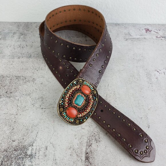Vintage Lucky Brand Leather Belt Brown Studded Bohemian Beaded Buckle Western L main image 8